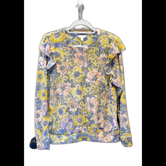 LC Lauren Conrad Blouse Plus Sz XL Top Velvet Feel Floral Ruffle Yellow Pink - Picture 1 of 9